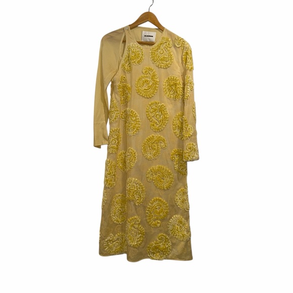 Jil Sander Yellow Embroidered Paisley Kaftan Midi Dress Cotton Sheer IT36 US 2 - Picture 3 of 15